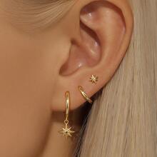 3pcs Exquisite Earring Set, 14K Gold Plated Star Earrings, Hypoallergenic Delicate Ear Cuff Studs, Daily Earring Layering, Suitable For Sensitive Ears - Gold - View 2