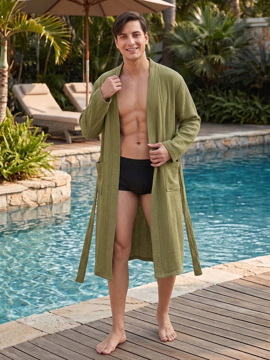 1pc Men's 100% Cotton Double Layer Gauze Casual Long Sleeve Bathrobe, Moisture-Wicking Quick-Dry Loungewear Sleepwear, Loose Fit Long Robe Suitable For Spring, Summer, Autumn