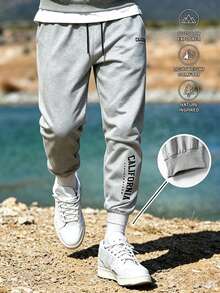 Men's Autumn/Winter Elastic Cuffed Sweatpants With Letter Print, Versatile Casual Long Pants Sports - Grey - View 2