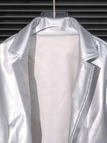 Tween Girl Fashion Solid Color Minimalist Casual Y2K Silver Lapel Long Sleeve Cropped Jacket Top - Silver - View 3