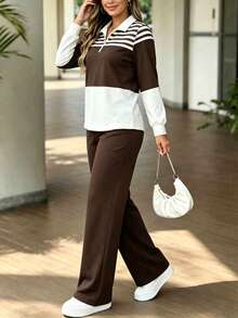 Women's Spring/Autumn New Fashion Colorblock Pullover Long Sleeve Top + High Waist Casual Versatile Straight Leg Pants 2-Piece Set - Dark Brown - View 3
