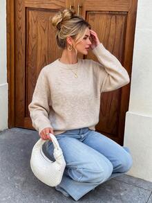 Nicenter Women's Fall Winter Clothes Solid Textured Knit Crew Neck Raglan Long Sleeve Relaxed Pullover Wool Blend Sweater Women Daily Casual Outfit - Champagne - View 1