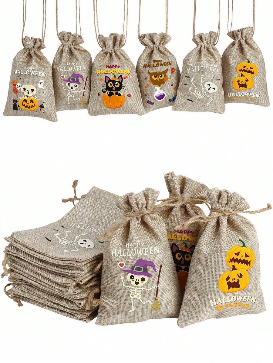 6 Peças Sacos de Juta para Doces de Halloween com Cordões, Pequenos Sacos de Juta, Sacos de Armazenamento de Presentes Mini para Festa de Halloween, Sacos de Presente de Juta, Sacos de Juta Reutilizáveis com Cordões, 6 Estilos Engraçados de Sacos de Juta com Cordões de Desenho Animado de Halloween Adequados para Doces de Halloween, Presentes de Festa e Pequenos Presentes, Suprimentos para Festa de Halloween, Doces ou Travessuras. - A - Visão 1