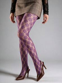 1 Pair Plus Size Women's Slim Fit Fashion Hollow Out Elastic Fishnet Tights, Sexy Leg-Shaping Y2K Hot Girl Style Fishnet Leggings, Black Stockings For Halloween, Christmas, Party, Gathering, Office, Home, Versatile Pantyhose - Purple - View 3