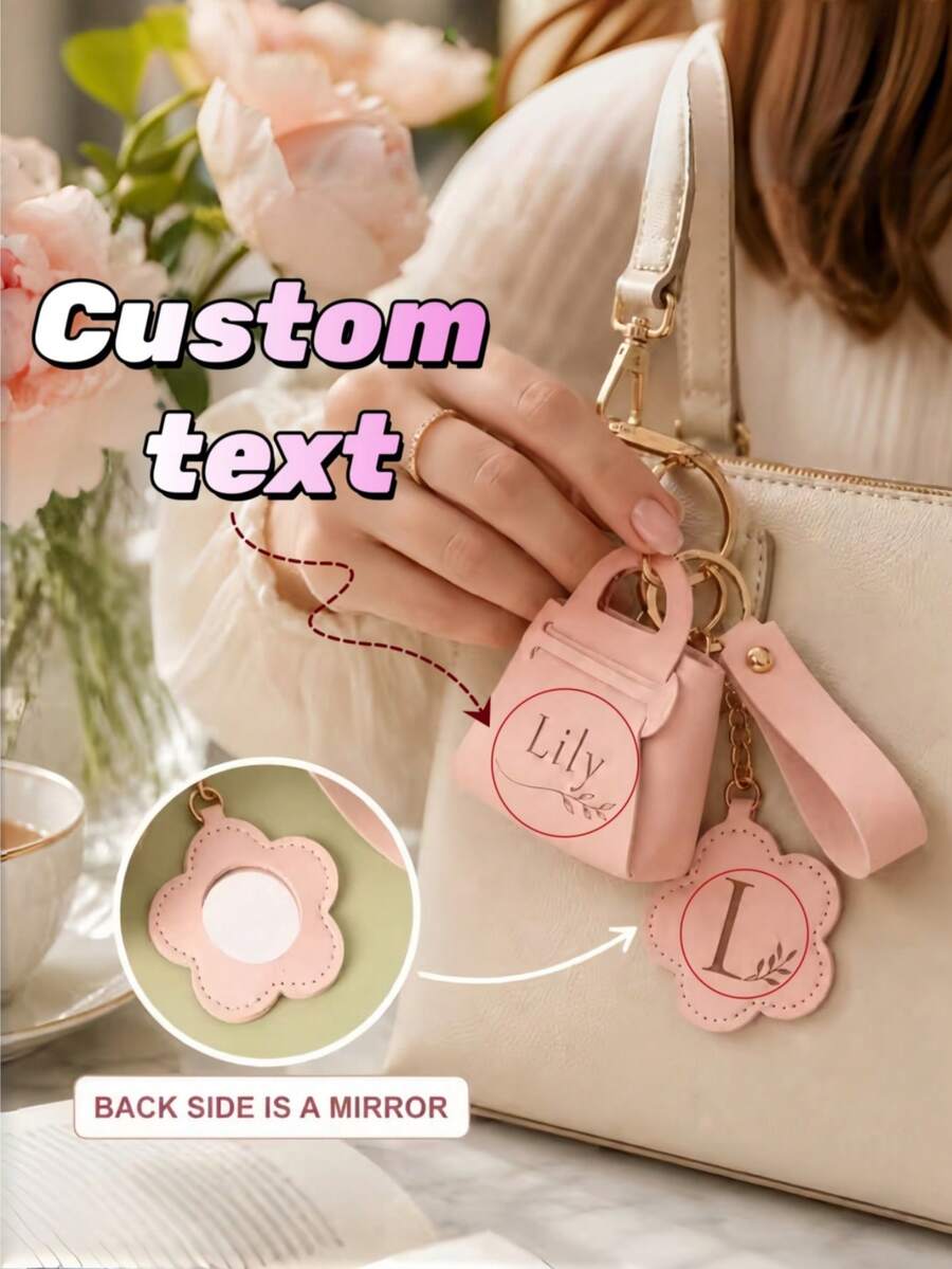1 buah Dompet Koin Mini Berbentuk Tas Tangan dengan Inisial Nama Kustom, Gantungan Kunci PU Liontin Bunga, Tas Kecil, Hadiah Hari Valentine, Hadiah Ulang Tahun Sahabat Terbaik, Kantong Kulit Kecil Portabel Terukir