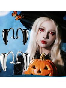 2pcs Fake Lip Rings, Vampire Fangs Lip Piercing No Hole Adjustable Fashion Halloween Wear, Unisex Costume, Halloween Gift - A - View 6