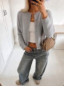 Women's Fall Round-Neck Textured Button-Front Long-Sleeve Ribbed-Hem Knit Outerwear, Casual For Daily Commutes And Weekend Outings Street Style Outfit - Grey - View 3