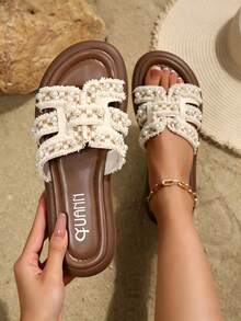 Women's Pearl Decor PU Flip Flops, Thick Sole Elevated Soft Bottom Anti-Slip Slippers, Suitable For Home And Outdoor Wear, Perfect For Halloween, Back To School, Beach, Commute And Spring, Summer, Autumn - D - View 1