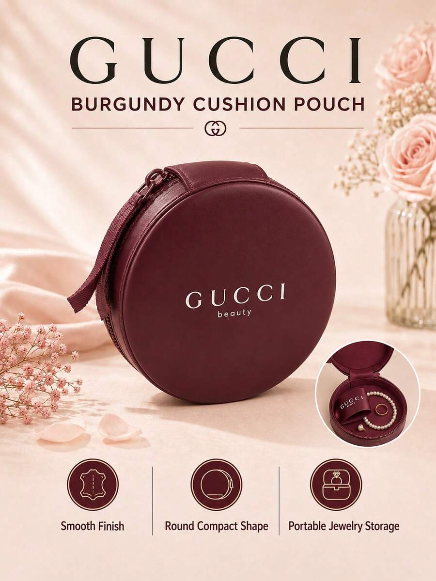 Gucci 酒紅色圓形收納包，直徑 8.5cm，單件，順滑小巧便攜，適合日常出行，收納首飾與小型美妝用品