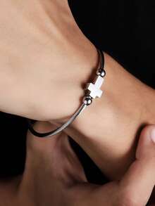 1pc Fashion Vintage Stainless Steel Twisted Cross Adjustable Bracelet Suitable For Men's Daily Wear - Silver - View 2