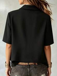 Women's Casual Short Sleeve Blazer, Minimalist Solid Color Single-Breasted Commuter Daily Versatile Elegant Top, Summer Black - Black - View 2