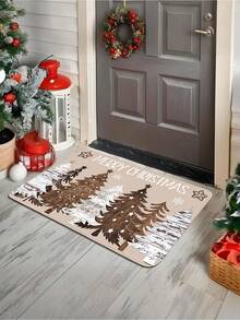 1pc Christmas Vintage Wood Grain Christmas Tree Pattern Kitchen Mat, Soft Flannel Touch Absorbent Home Entryway Rug, Easy To Clean Washable Area Runner, Kitchen Runner Rug, Suitable For Kitchen, Bathroom, Entryway, Laundry Room, Hallway, Bedroom, Living Room Decor, All Season, Great Gift, Christmas Atmosphere Decor Mat - View 3