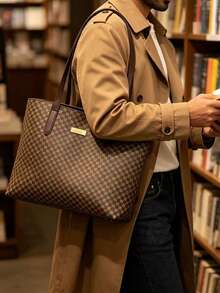 Men's Vintage Checkered Tote Bag Large Capacity Business Briefcase Shoulder Bag Multifunctional Work Office Laptop Handbag For Daily Commute Travel - Brown - View 6