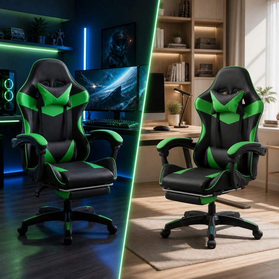 Gaming Chair Reinforced Backrest, Office Chair With Adjustable Footrest, Headrest And Lumbar Support, Comfortable For Entertainment And Office Use - Green - View 1