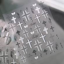 2 Sheets 5D Halloween Gothic Nail Stickers, 2PCS Vintage Lace Cross, Bow & Letter Nail Decals, Silver Rivet Texture Self‑Adhesive Dark Punk Y2K Nail Art Stickers, Retro Religious Cross Pattern Nail Decor Accessories For Halloween Cosplay Daily DIY - Multicolor - View 4