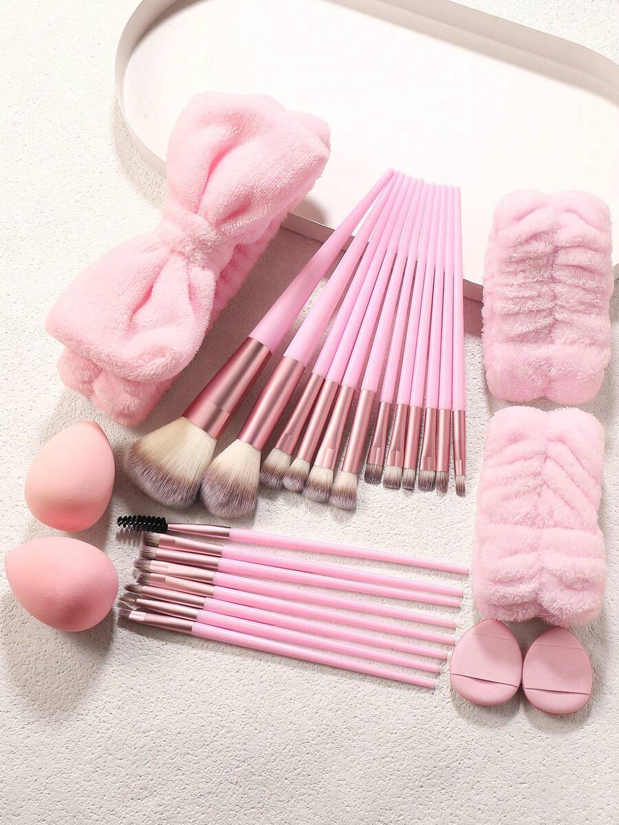 27/1pc Light Pink All In One Beginner Makeup Tools Set , 20Pcs Versatile Makeup Brushes , 2Pcs Makeup Sponges , 2Pcs Finger Powder Puffs , 1Pc Bow Hairband , 2Pcs Wrist Bands , Practical Complete Kit For Daily Full‑Face Makeup