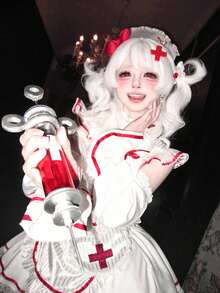 コスプレ衣装 ナース メイド服 3 点セット トップス パフスカート アームカバー 白地 赤ライン ストライプ柄 レース装飾 キュート ゴスロリ ハロウィン イベント コミケ 仮装 コスチューム レディース 可愛い 甘め フリル付き パーティー 変装 撮影用 - ホワイト - チェックする 6
