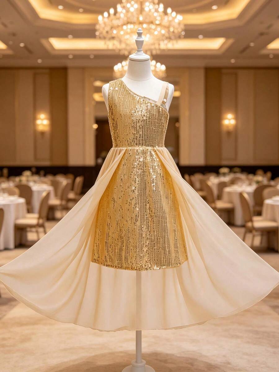 Tween Girls Asymmetrical Shoulder Ruffle Overlay Sequin Decorated Formal Dress - Gold - View 1