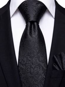 Men's Tie Set, Classic & Fashionable Tie & Pocket Square Set, Suitable For Weddings, Business And Banquets - Black - View 1