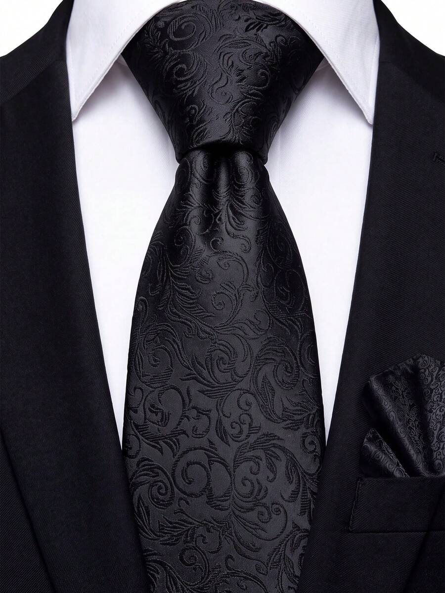 Men's Tie Set, Classic & Fashionable Tie & Pocket Square Set, Suitable For Weddings, Business And Banquets - Black - View 1