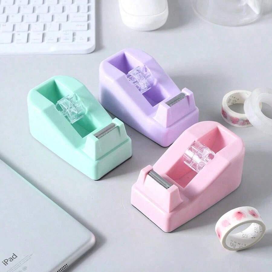 1 buah (Model & Warna Acak) Dispenser Selotip Portabel Lucu, Alat Tulis Kantor Rumah Pelajar, Kotak Penyimpanan Selotip Kantor, Aksesori Meja Kreatif, Pemotong Selotip Washi