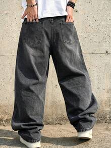 Men's Dark Grey Acid Wash Spider Web Broken Heart Patch Embroidered Distressed Ripped Loose Wide Leg Jeans - Dark Grey - View 3