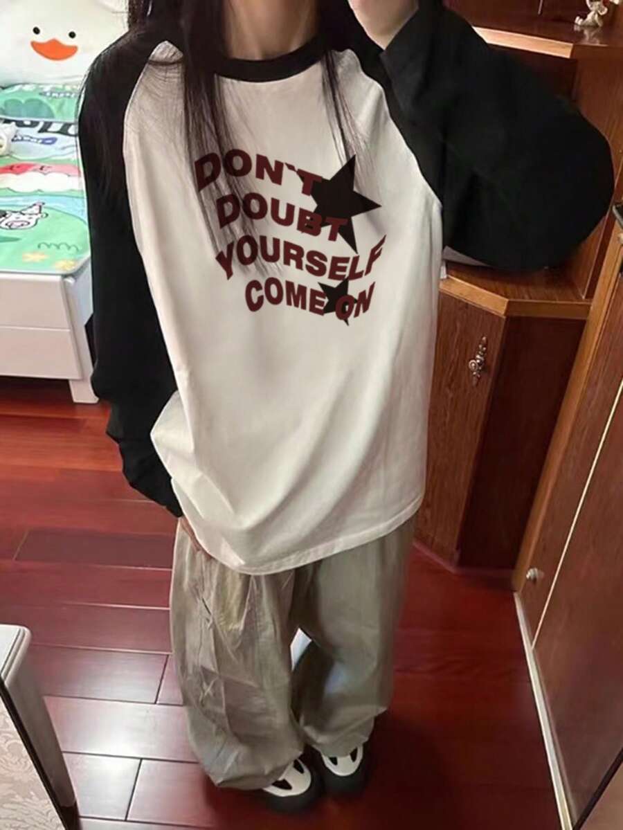 女款秋季新款 1件裝 緊身卡通印花 百搭休閒日常大學風拼接長袖圓領韓系上衣 - 白色 - 查看 1