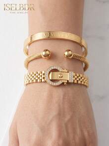 3pcs/Set 18K Gold Plated Stainless Steel Women's Stackable Bracelets, Waterproof & Anti-Oxidation, Roman Numeral Twisted Rope Design, Rhinestone Clasp, Bracelet Jewelry Set, Gift - Multicolor - View 2