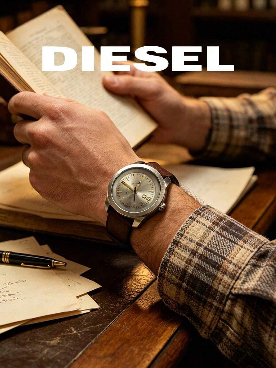 DIESEL Vintage Men's Watch Gold Dial Gold Logo Brown Leather Strap Minimalist Personalized Large Number Casual Wristwatch - Gold - View 1