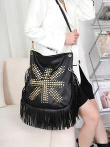 Tas Selempang Hobo Wanita, Bentuk Ember, Motif Geometris Bertabur Emas, Rumbai Kulit Imitasi, Pegangan Rantai, Tali Bahu yang Dapat Dilepas, Gaya Punk untuk Pesta dan Sehari-hari - Hitam - View 7
