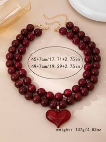 OABE 2pcs/Set Bohemian Style Round Bead Layered Necklace Set With Heart Pendant, Suitable For Women's Daily Wear, Holiday/Birthday Surprise Gift - Burgundy - View 5