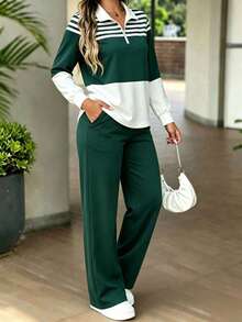 Spring/Autumn Women's New Fashion Colorblock Pullover Long Sleeve Top + High Waist Casual Versatile Straight Leg Pants 2-Piece Set - Dark Green - View 4