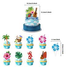 Vibrant Paper Hawaiian Tropical Cake Topper Set, Summer Beach Floral Palm Tree Ukulele Print Multi‑Color Irregular Picks For Luau Kids Birthday Party Cake Decor Supplies - View 10