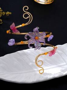 1pc Bohemian Floral Butterfly Arm Cuff Open Bangle Beach Vacation Body Accessory - Purple - View 4