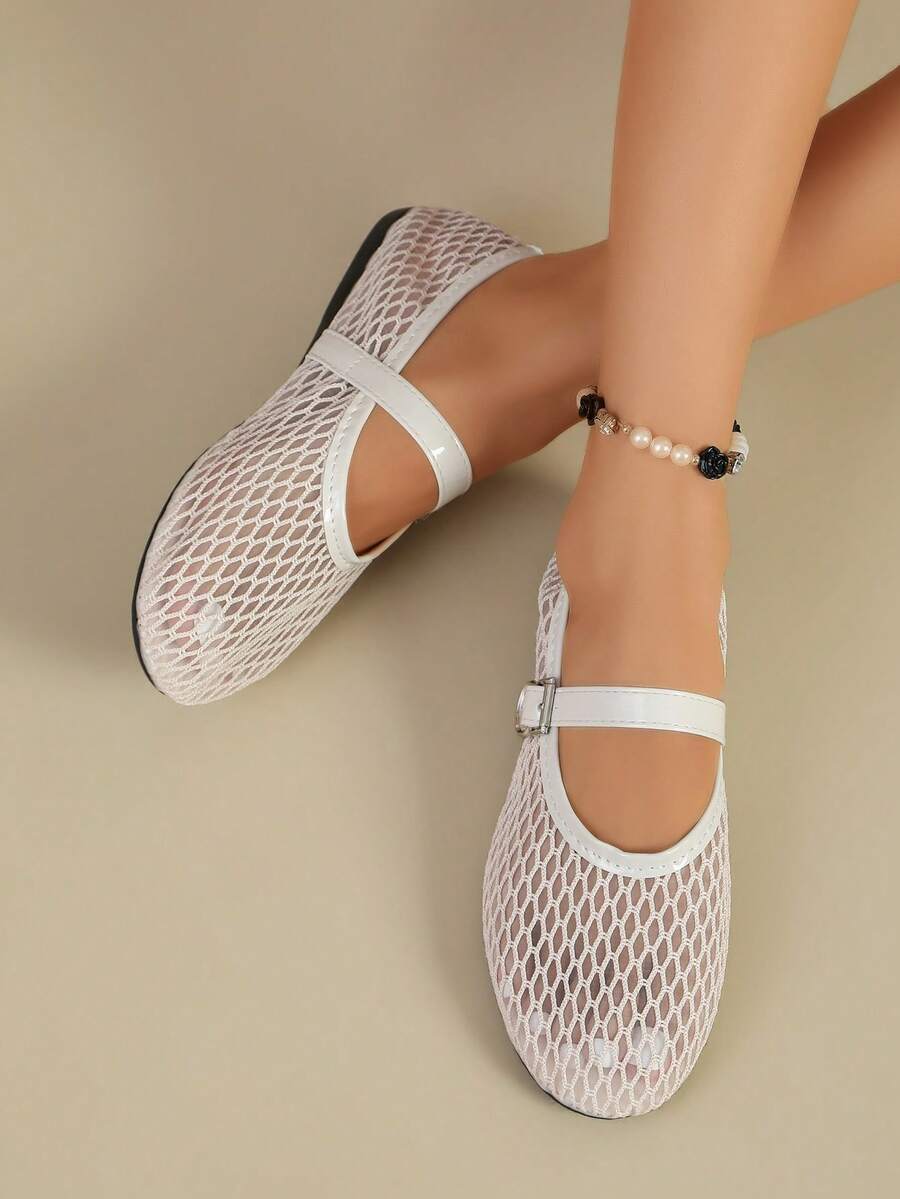 White Mesh Mary Jane Flats, Hollow Out Breathable Buckle Strap Slip-On Shoes For Women - White - View 1
