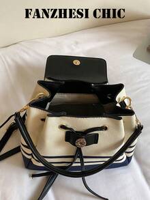 Handbag, Minimalist Striped Drawstring Bucket Backpack, Supports Hand-Carry And Shoulder-Carry, Flap + Drawstring Combination Design Balances Aesthetics And Practicality, Sleek And Compact Without Being Bulky, Fresh And Healing Color Palette Suitable For Spring And Summer Outfits, Versatile Casual Small Bag Perfect For School And Travel - Black - View 4