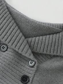 Korean Style Cool Vibe Off Shoulder Turn-Down Collar Double-Breasted Versatile Slimming Top Base Layer Cold Shoulder Knit Sweater - Grey - View 5