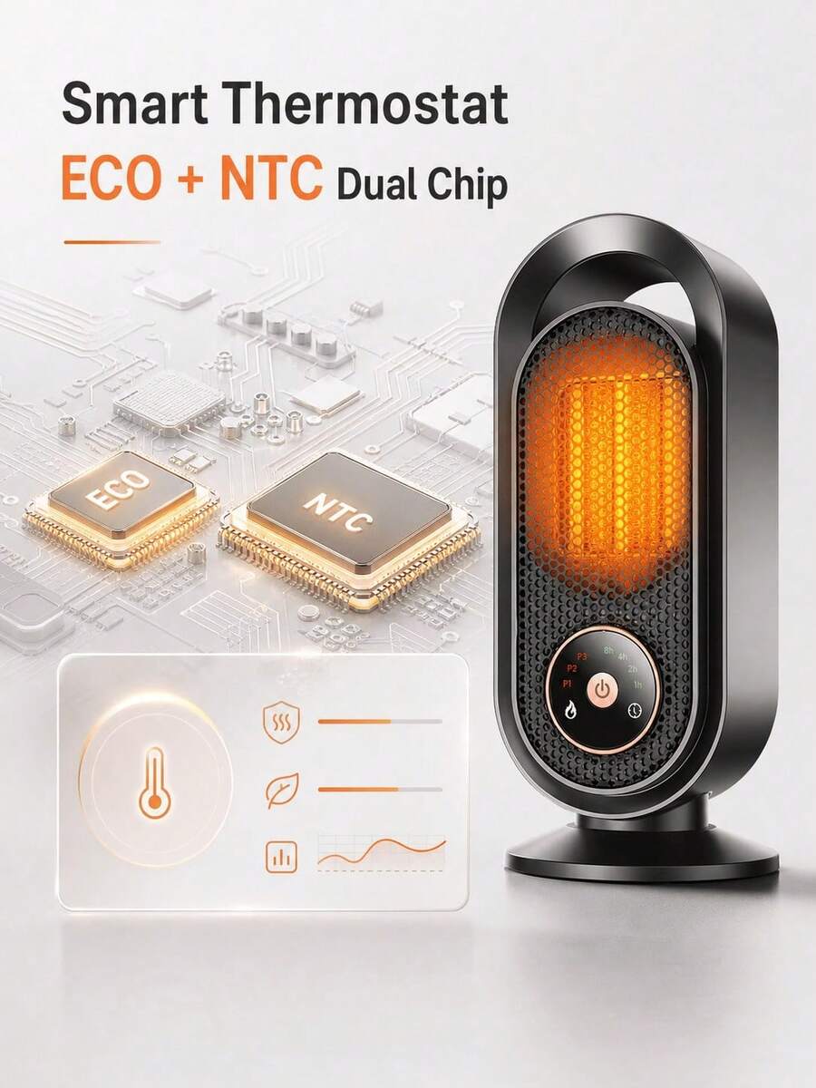 PTC Ceramic Space Heater, Portable Electric Desktop Heater, Fast Heating, 60° Wide Angle Warm Air, Touch Control, 1-8H Timer, Intelligent Constant Temperature, Small Heater, Suitable For Home, Office, Bedroom - Black - View 1