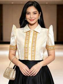 現代菲律賓風女式上衣 1件裝 蝴蝶袖拼接鈕扣短袖上衣 - 香檳色 - 查看 1