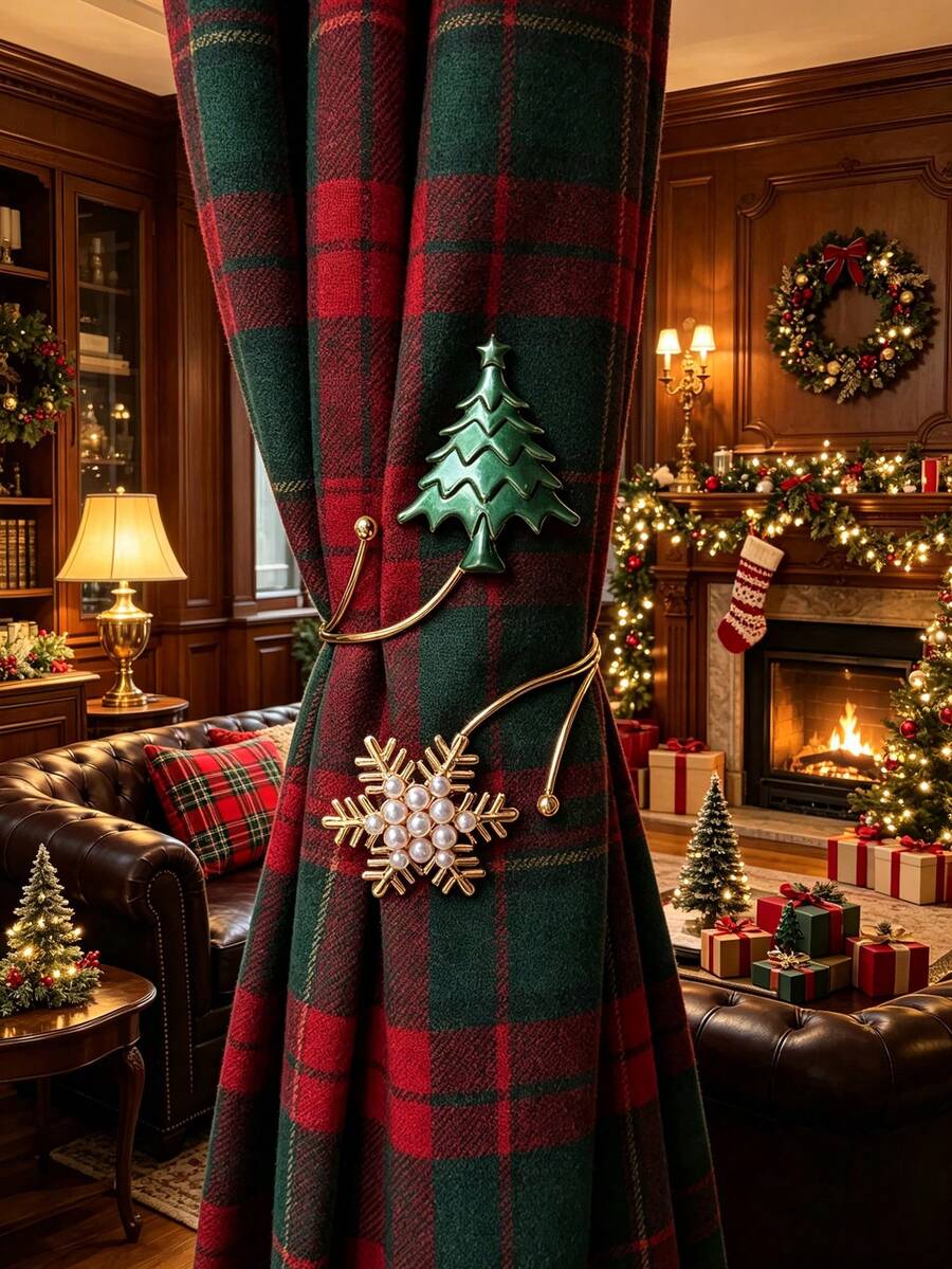 2pcs Christmas Alloy Curtain Tiebacks Reindeer Snowflake Christmas Tree Christmas Curtain Decorations Living Room Curtain Tie - Christmas Style - View 1