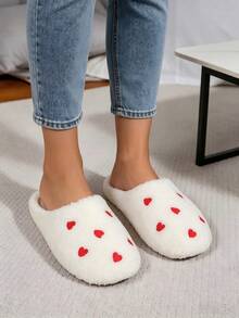 Soft Non-Slip Slip-On Design, Heart Embroidery, Pure Thermal Slippers, Vintage Style, White Base With Red Heart Pattern, Suitable For Halloween Party, Back To School Dorm Life, Autumn/Winter Bedroom Use - B - View 4