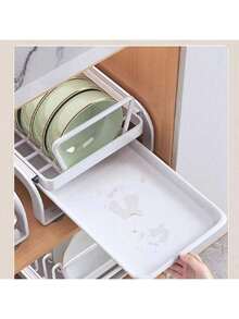 1-Piece White Silent Steel Ball Slide Pull-Out Dish Rack, Kitchen Countertop Storage Cabinet Utensil Organizer, Bowl And Plate Drying Rack, Convenient Pull-Out Design, No-Drill Cutlery Rack With Drip Tray, Home Countertop Bowl And Chopstick Storage Rack, Dish Drainage Design, Kitchen Drawer Pull-Out Plate Organizer - White - View 7
