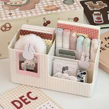 Multi-Compartment Desktop Stationery Organizer, Large Capacity Pen Holder Storage Box, Suitable For Back To School Season, Multi-Compartment Design Can Store Pens, Sticky Notes, Stickers, Cute Aesthetic Desktop Decor - Striped Storage Box - View 6
