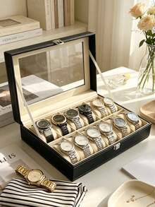 1/2/3 6/10/12 Slots Watch Box With Lock, Glasses & Jewelry Storage Watch Organizer Box - Multicolor - View 6