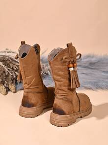 Girls' Vintage Tassel Tall Western Boots, Distressed Thick Sole Side Zipper Mid-To-Large Kids' Long Riding Boots - Camel - View 3