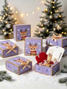 Christmas Reindeer Gift Boxes With Golden Ribbon Bow, Xmas Cartoon Paper Present Boxes Holiday Party Favor Packaging Boxes For Candy Small Gifts Cosmetics - View 2