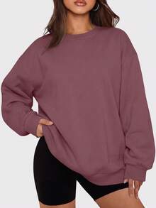 Speed mate Women's Oversized Drop Shoulder Sweatshirt - Solid Color Long Sleeve Crewneck Pullover Top For Fall Winter | Casual Loose Fit Sporty Sweatshirts - Red Violet - View 1