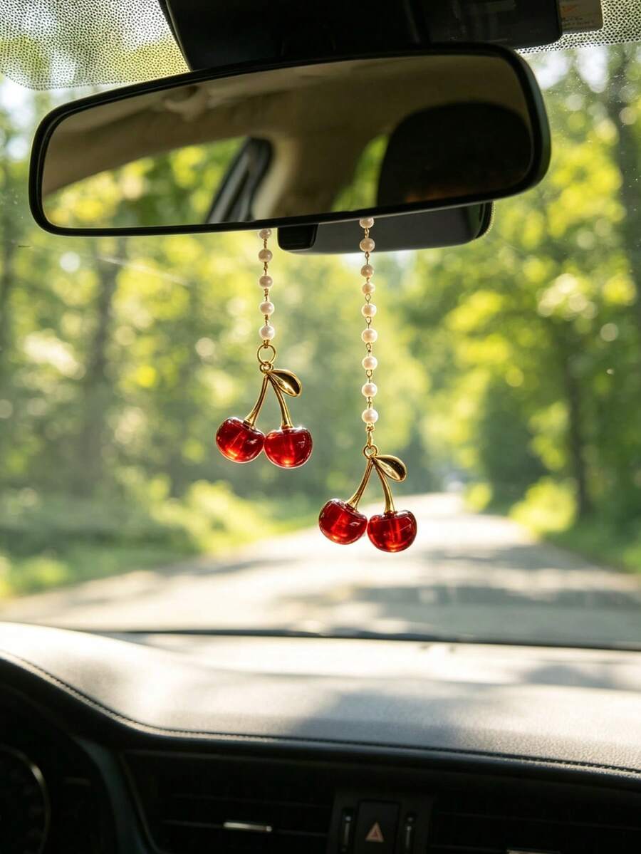 1件珍珠鍊合金櫻桃汽車後視鏡掛飾,汽車內飾裝飾配件,通用汽車後視鏡吊飾 - 櫻桃 - 查看 1