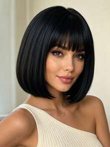 12 Inch Black Air Bangs Wig, Natural Style, Soft Hair, Suitable For Daily Wear And Party Events, Halloween - Black - View 5