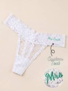 Custom Text Embroidered Soft Lace Thongs For Women, Cute Floral Low Waist G-String Panties, Personalized Lingerie Birthday Anniversary Gift For Her - White - View 1